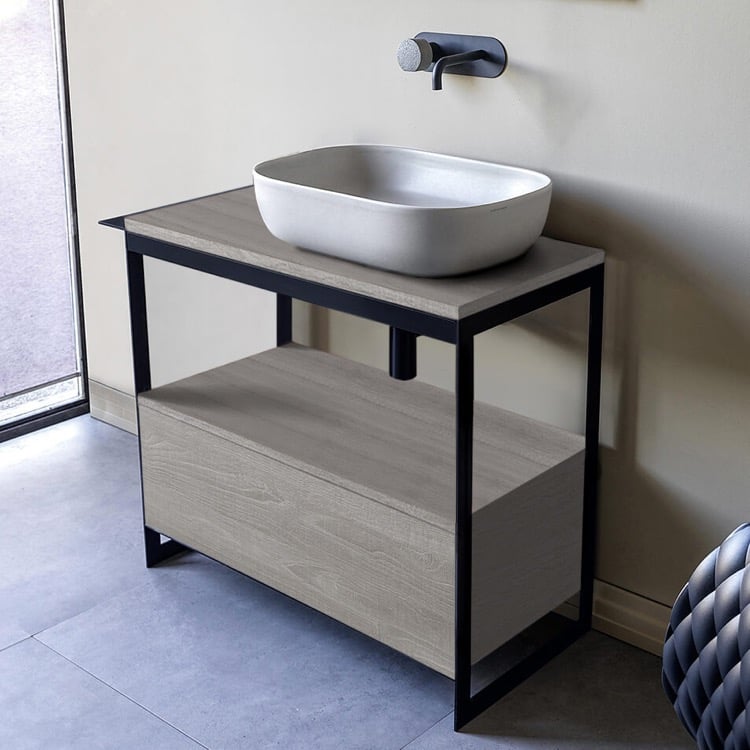 Scarabeo 1804-SOL3-88-No Hole Console Sink Vanity With Ceramic Vessel Sink and Grey Oak Drawer